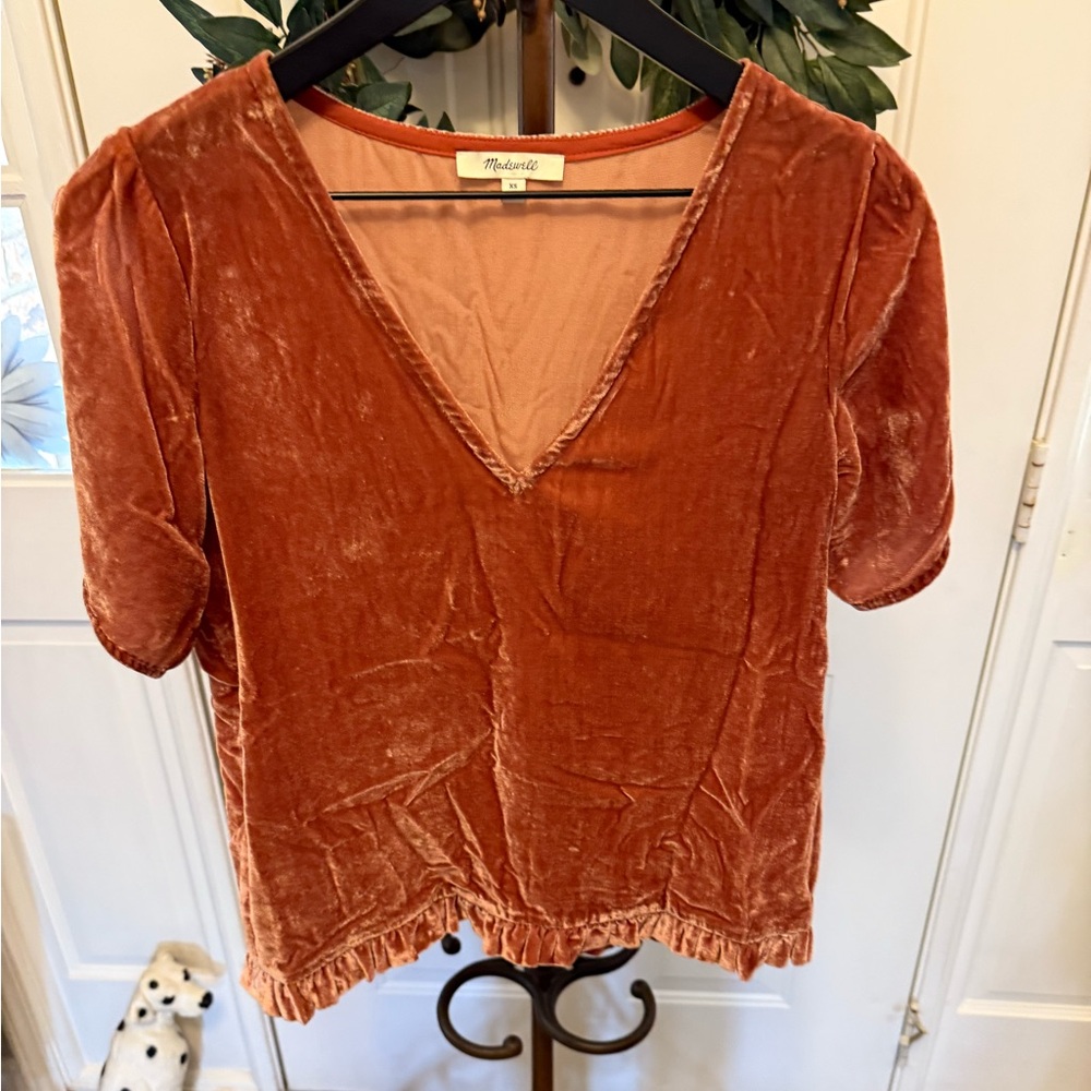 Madewell V Neck Soft Velvet Top Short Tulip Sleeves S Oversized